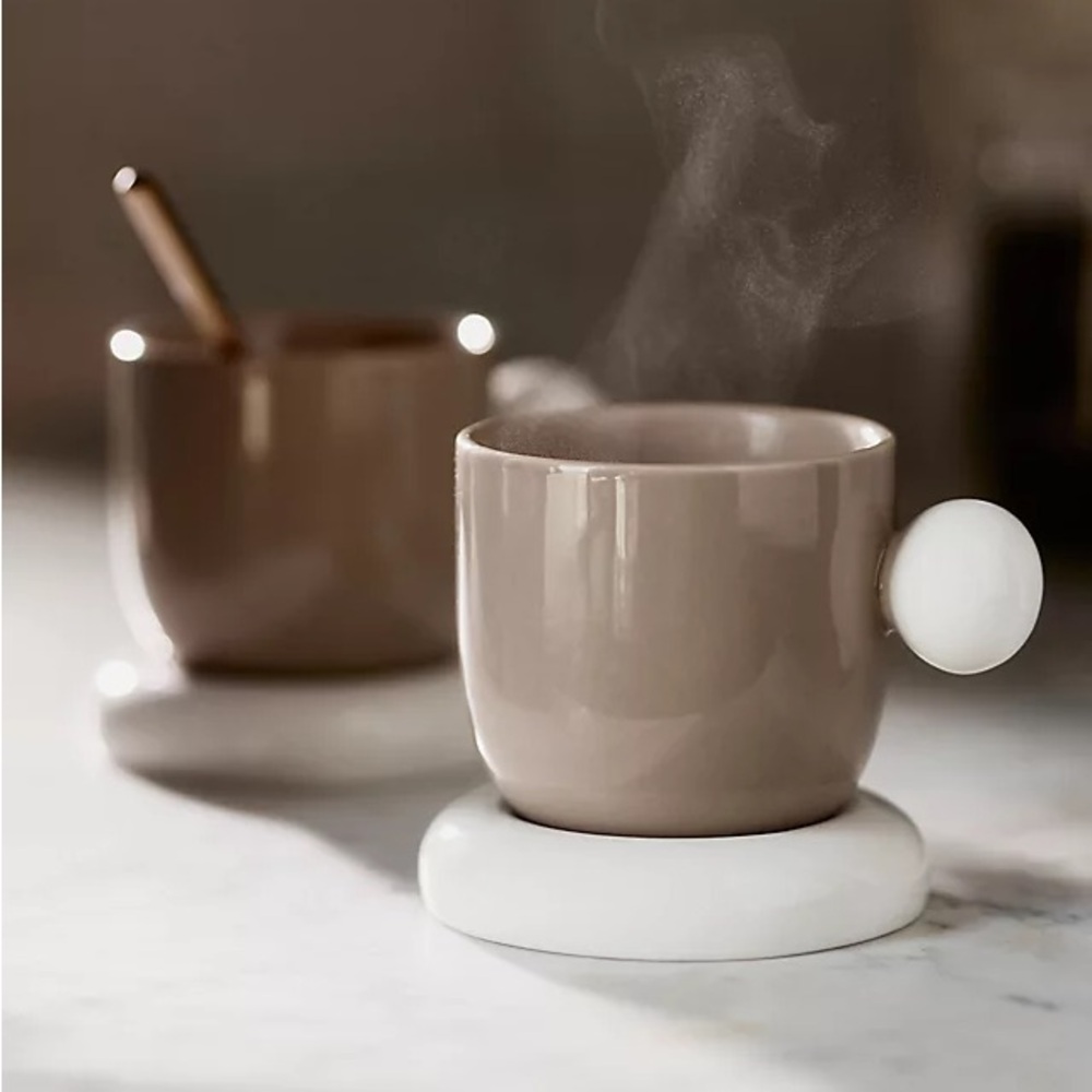 Anthropologie Rika Stoneware Espresso Cup Saucer Lid Neutral Tan and White